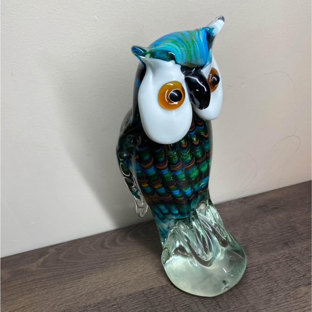Hand Blown Art Glass Owl, Sculpture Green Glass Decor